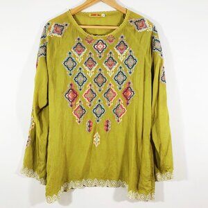 JOHNNY WAS Dark Chartreuse Long Sleeve Oversized Embroidered Cupra Top S